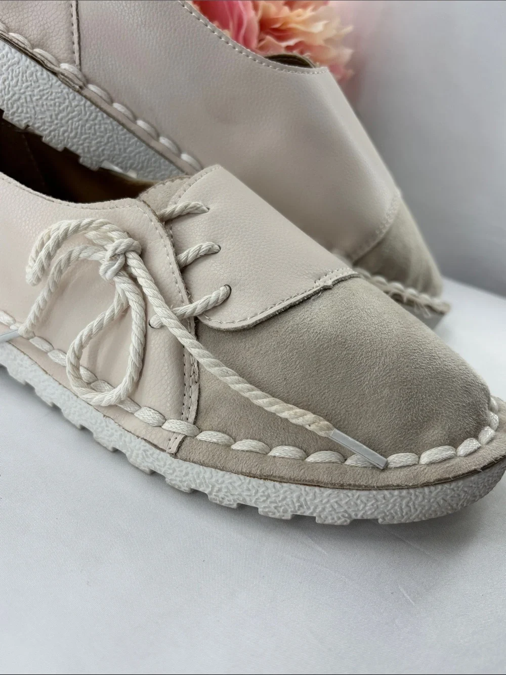 Fashion Women's 9.5 Casual Lace-Up Leather/Suede Flats - White & Cream #743